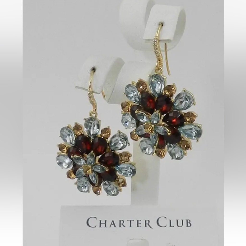 Nwt Charter Club Statement Earrings Gold Flower W Gold Red Blue Crystals 25$